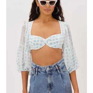 For Love And Lemons Ruthie White and Blue Crop Top Size L NWT